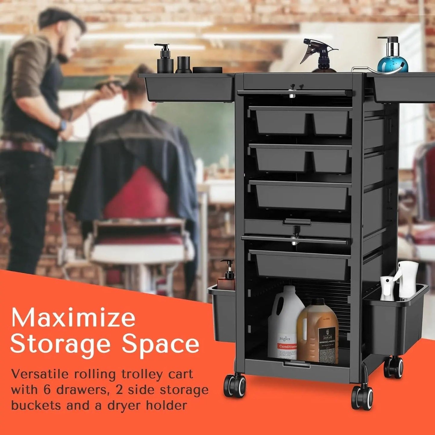 Trolley Premium Lockable Salon Trolley Cart with Wheels and 6 Drawers 2 Bucket,Versatile Salon Cart Hair Trolley on Wheels
