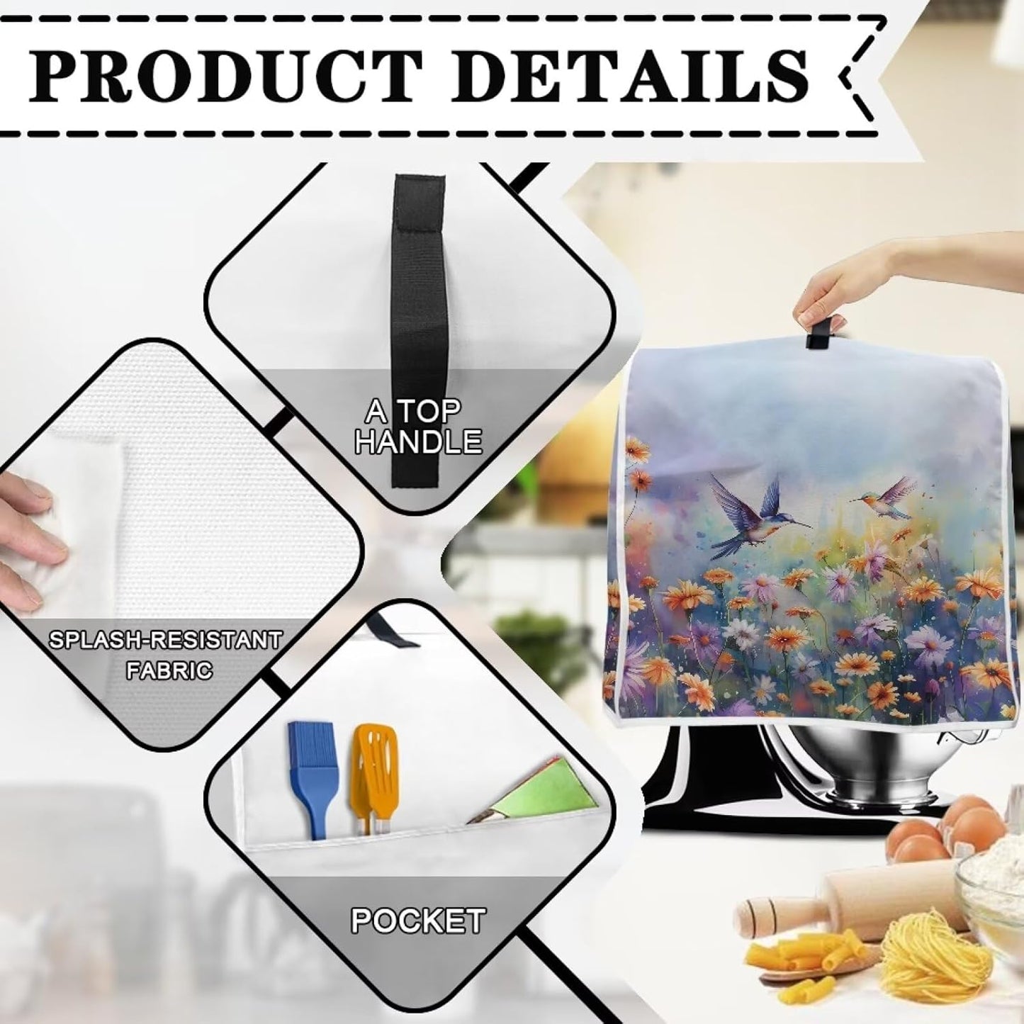 Hummingbird Daisy Dust Cover for Stand Mixer, Kitchen Appliance Cover with Handle and Storage Pocket