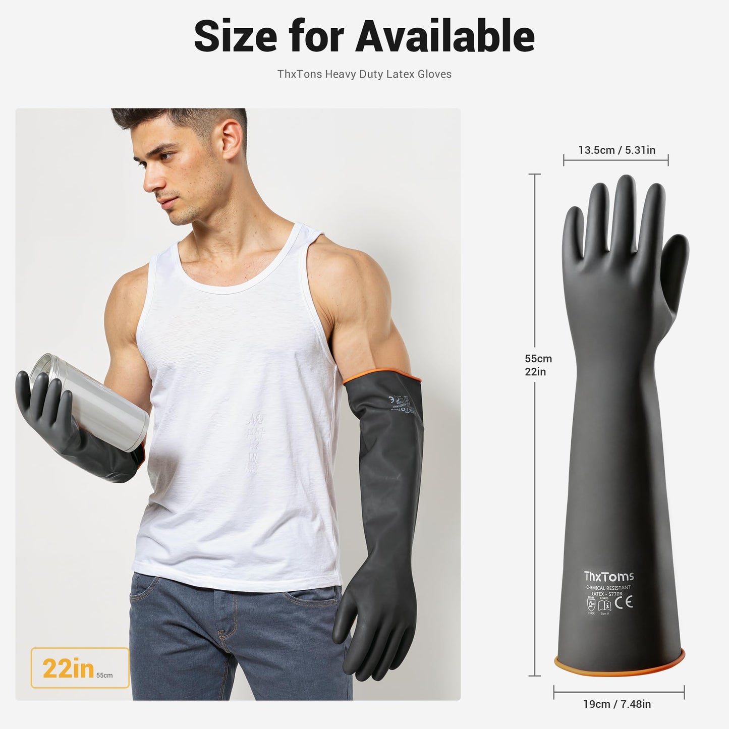 ThxToms Heavy Duty Latex Gloves,Long Rubber Gloves, Chemical Resistant Gloves,Puncture Resistant, Resist Acid,Oil,Alkali, Waterproof for Industrial Cleaning, Gardening, 22", 1 Pair