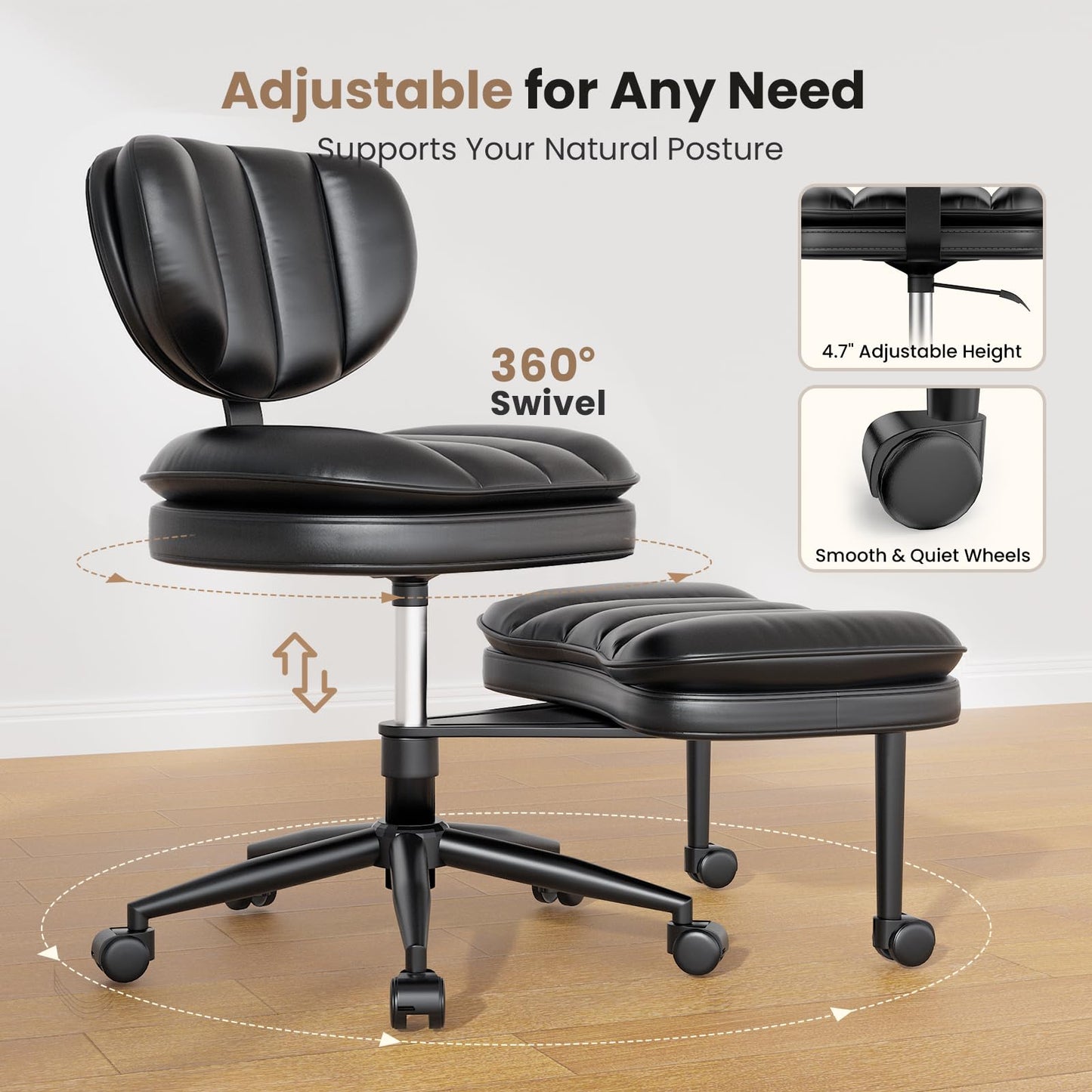 HOMRELEXA Extra-Wide & Tall Cross-Legged Office Chair – Deeply-Padded Cloud Seat, Ergonomic Back Support, Adjustable Height for ADHD & Meditation, Black