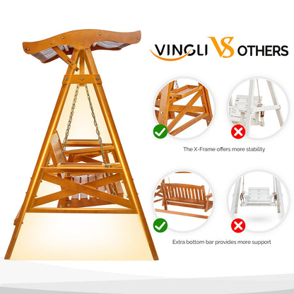 VINGLI Porch Swing with Stand, Porch Swing with Canopy, Waterproof Patio Swing with Cup Holder, Outdoor Swing Set for Garden, Yard, Patio, Teak