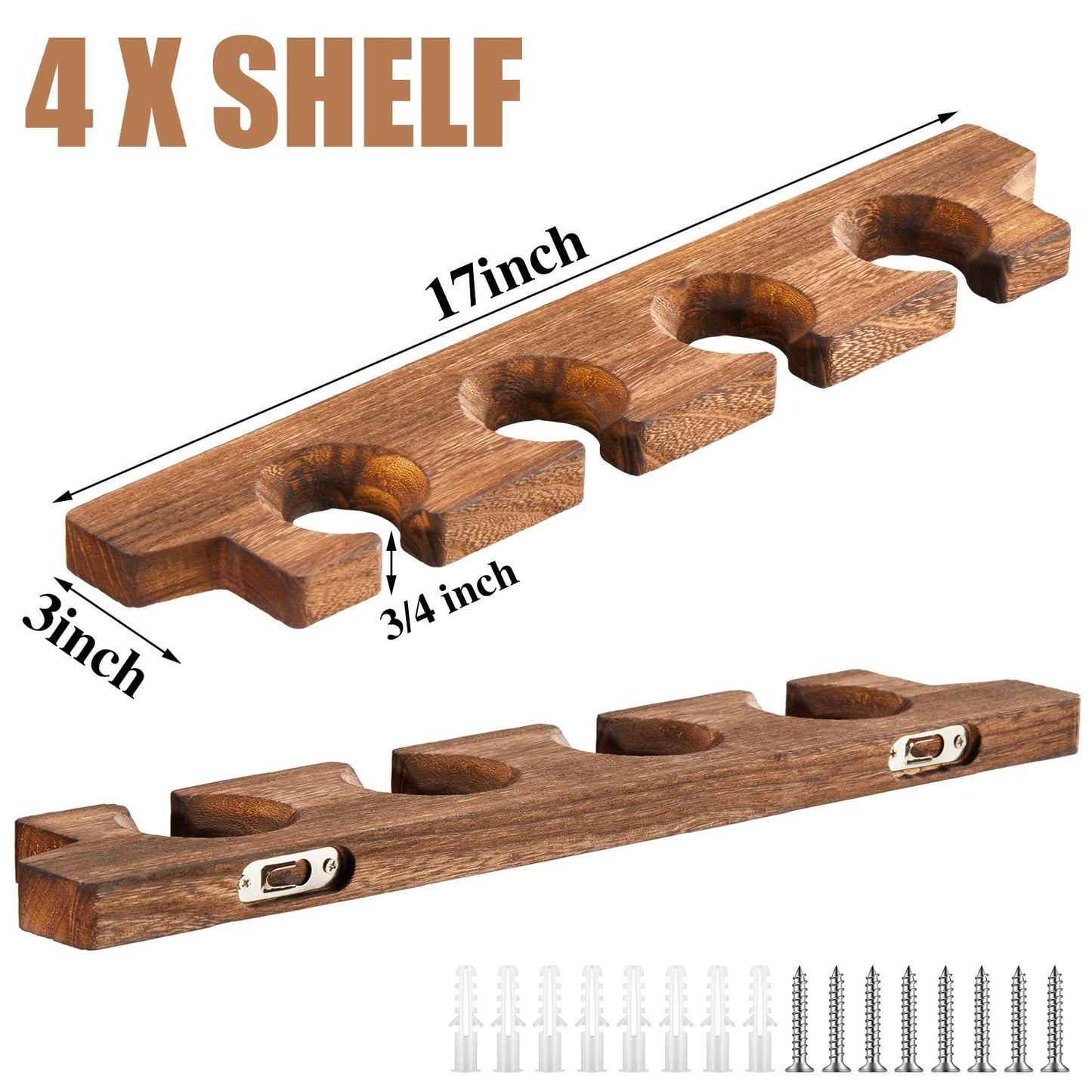 Ripeng 4 Pcs Wall Mounted Wood Stemware Rack Champagne Holder Rustic Wine Glass Hanging Shelf Wood Floating Glassware Wall Holder for Party Kitchen Bar Organizer 17 x 3 x 0. 8 Inch (Dark Brown)