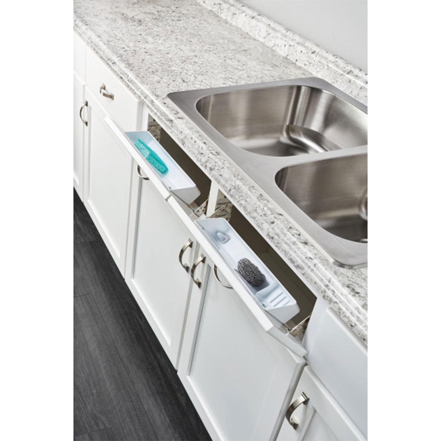 Rev-A-Shelf 11" Tip-Out Plastic Sink Trays for Kitchen and Bathroom Base Cabinet, Pack of 2 Pullout Vanity Shelf Home Organizer, White, 6572-11-11-52