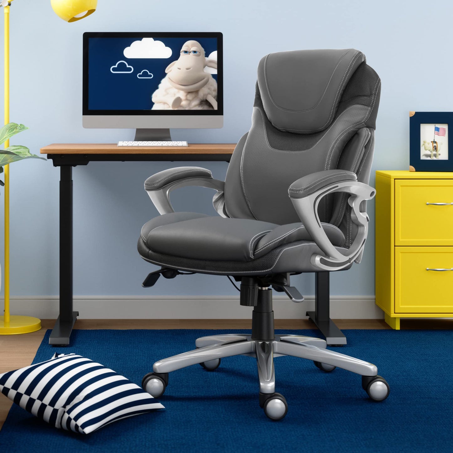 Serta Bryce Executive Office Chair - Ergonomic Computer Desk Chair with Patented AIR Lumbar Technology - Adjustable Height - Memory Foam Body Pillows - 360° Swivel Rolling Base - Bonded Leather - Gray