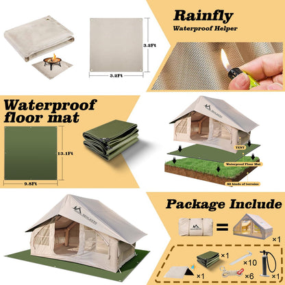 Inflatable Tent for Camping 4-6 People, Blow up Tents with rain-Proof Canopy, 4 Season Moisture-Proof pad, Glamping Inflatable Hot Tent with Stove Jack & Fire-Proof Mat Outdoor