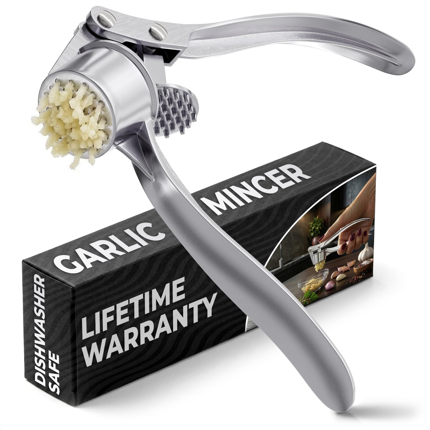 Stainless Steel Garlic Press - Ginger Mincer with 37 Built-In Studs for Maximum Extraction, for Garlic, Ginger and Soft Nuts - Ergonomic Handle, Dishwasher Safe and Rust-Resistant, No Peel Needed