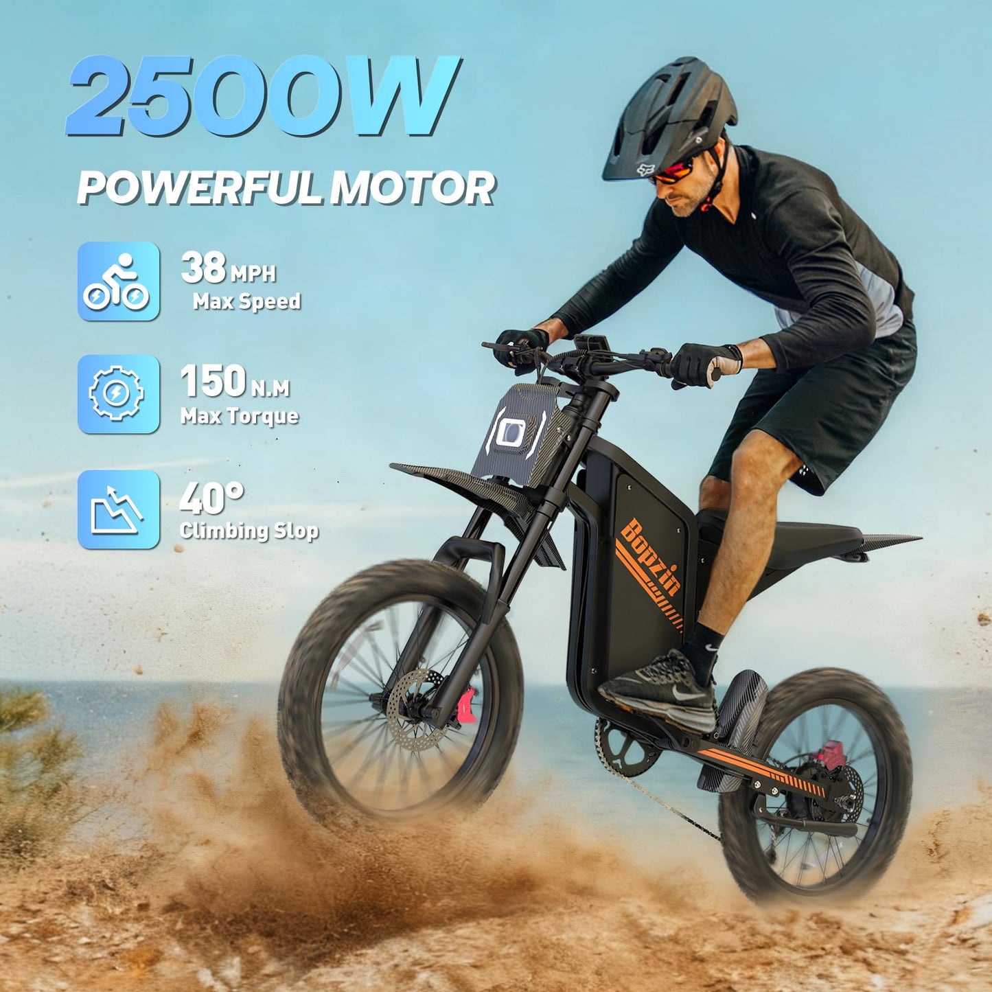 Bopzin Electric Dirt Bike for Adults, 2500W Motor 35MPH, 52V 25Ah Battery 80+ Miles Range, 20"x3" Fat Tires, App Control & Keyless Unlock, Full Suspension, Hydraulic Brakes, UL2849 Certified