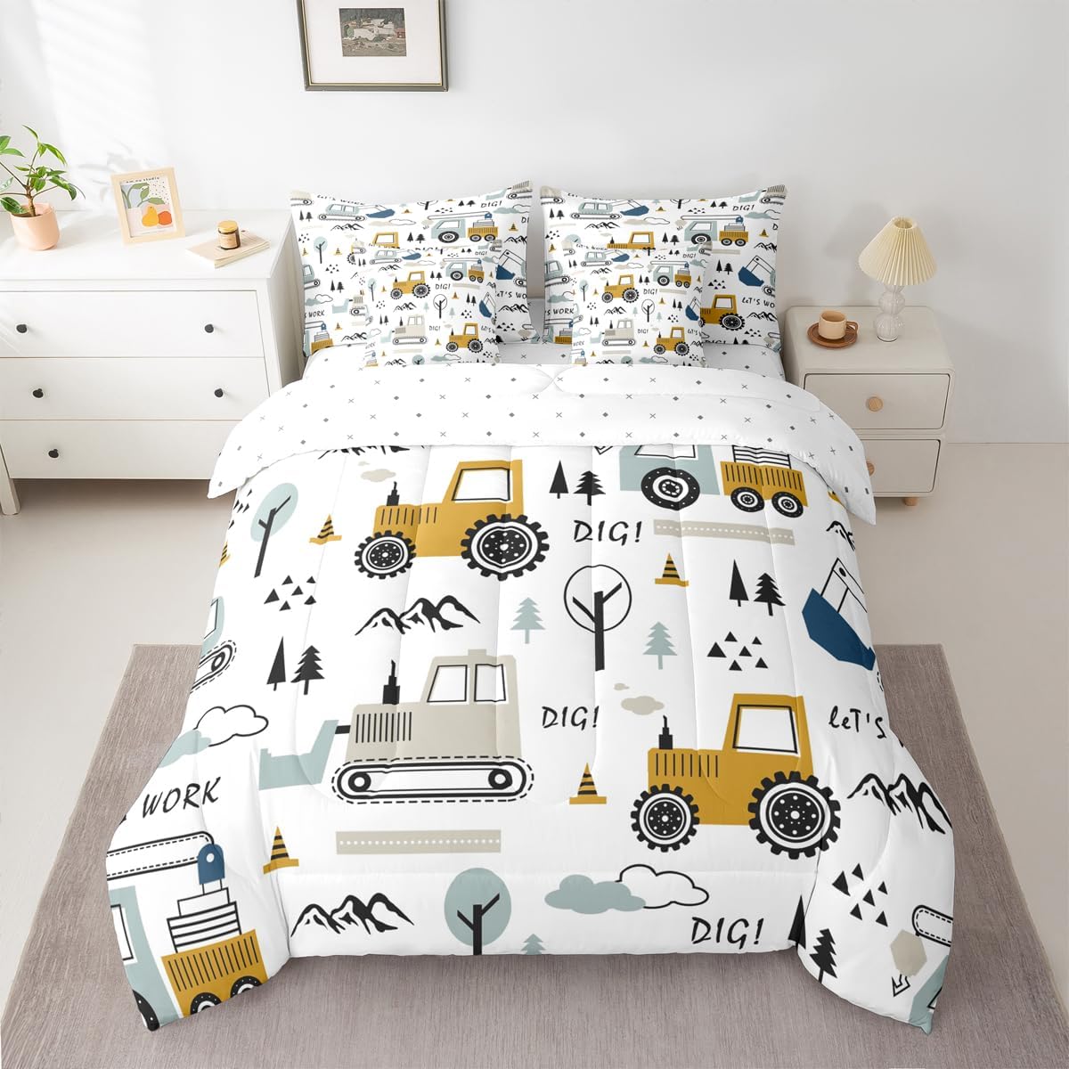 Set 7 Set Set Feelyou Cartoon Car Kids Comforter with Sheets Piece Twin Size Construction Bedding Boys Decor Equipment