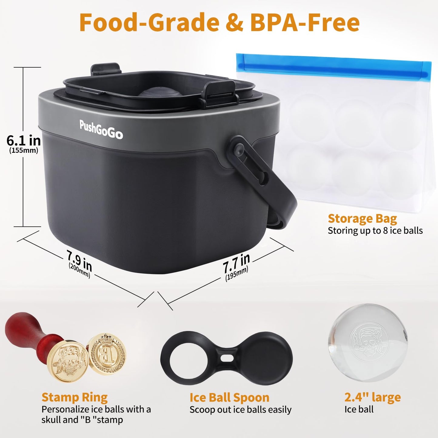 PushGoGo Clear Ice Ball Maker,Four Large 2.4" Crystal Clear Ice Balls for Whiskey, Cocktails, Bourbon,4-Cavity BPA-Free Silicone Easy Remove Ice Sphere Molds with Storage Bag,Stamp
