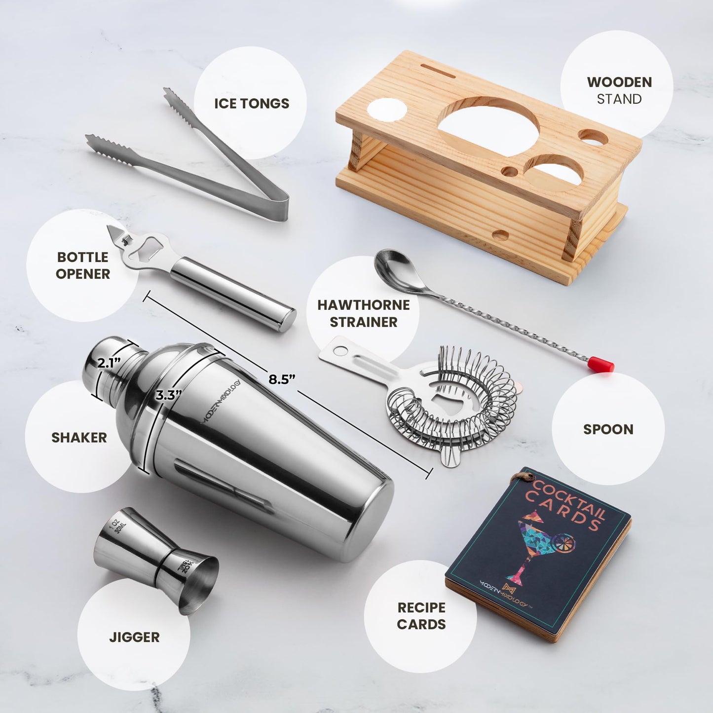 Modern Mixology Cocktail Shaker Set - Bartender Kit with Pine Stand | Leak-Proof Design | Includes Martini Shaker, Jigger, Strainer, Spoon, Tongs | Perfect Bar Tools Gift for Home Mixology (Silver)