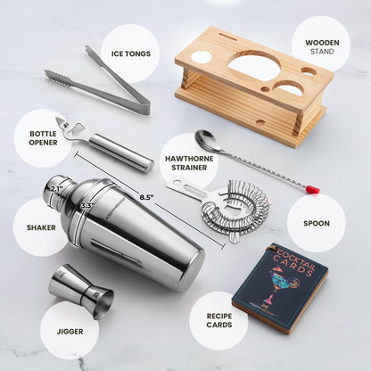 Modern Mixology Cocktail Shaker Set - Bartender Kit with Pine Stand | Leak-Proof Design | Includes Martini Shaker, Jigger, Strainer, Spoon, Tongs | Perfect Bar Tools Gift for Home Mixology (Silver)
