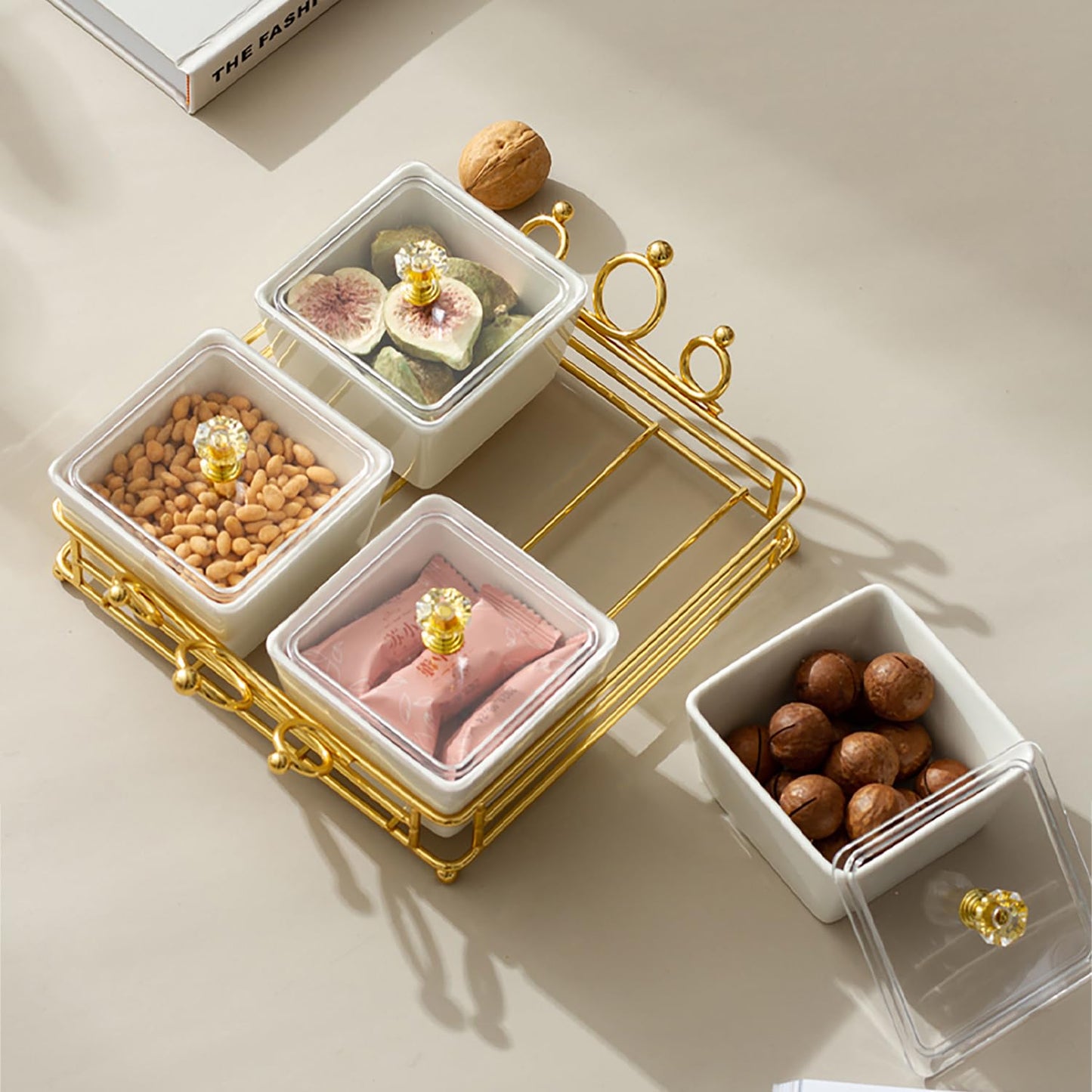 YA JU Ceramic Bowls and with Lid Gold Basket Trays, 3 Removable Small Bowls Condiment Trays Nut Serving Set for Snacks, Fruits, Candy and Condiments - Great for Parties, Holiday Gifts, White