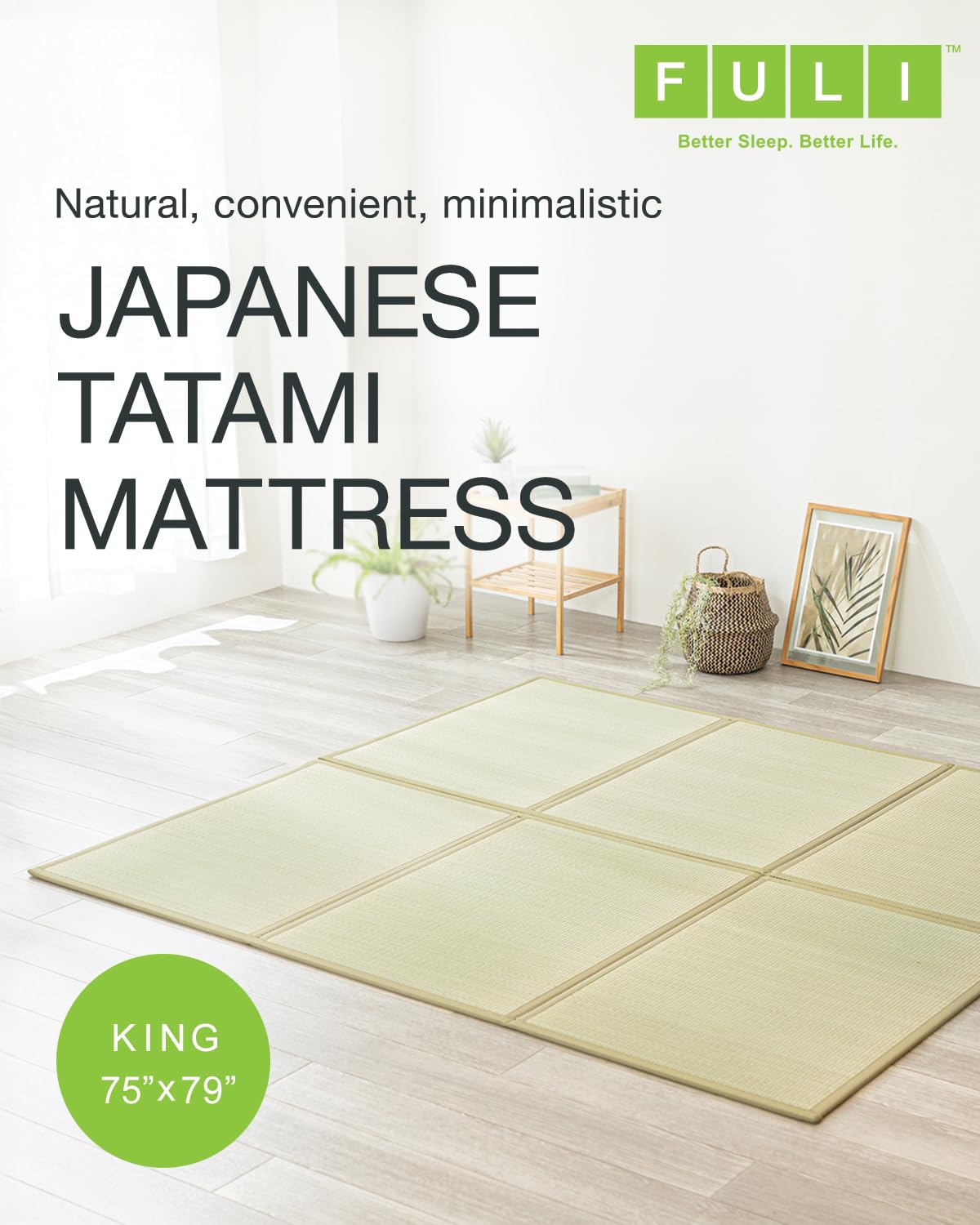 FULI Japanese Tatami Mattress, Foldable Igusa Rush Grass Tatami Rug, Natural Japanese Floor Mattress Mat Made in Japan, King