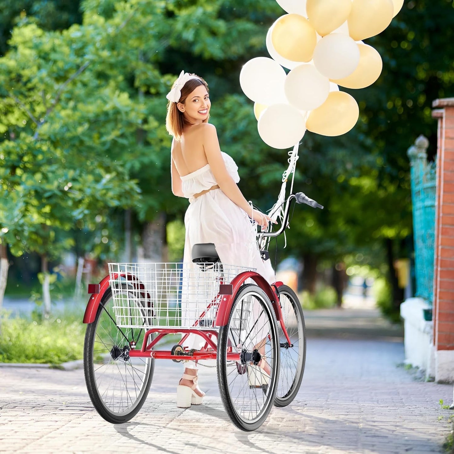 Brightpeak 24-Inch Adult Tricycle with 7 Speeds & Large Rear Basket, Perfect for Seniors & Leisurely Outings (Red)