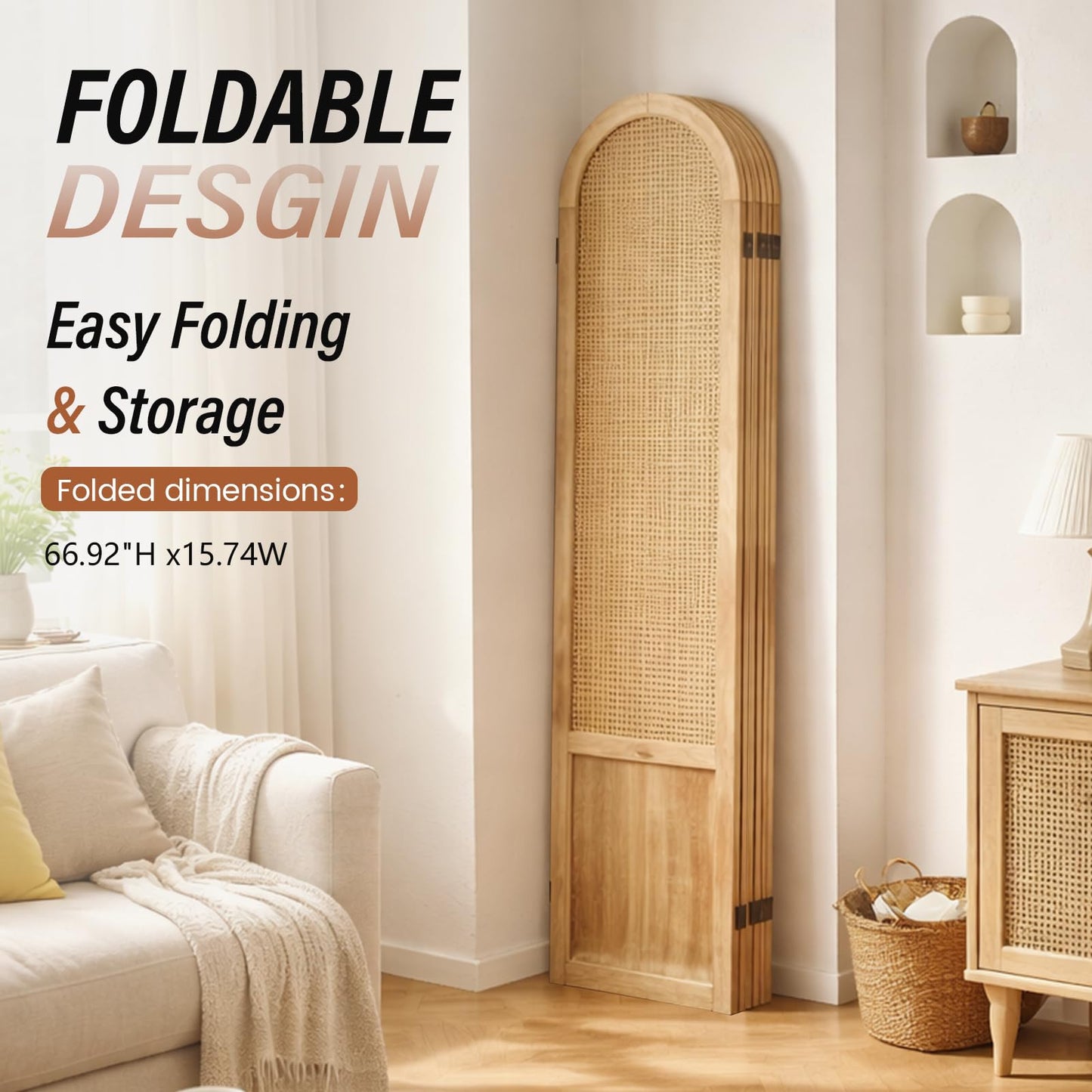 6 Panel Room Divider and Folding Privacy Screen, 5.6 Ft Foldable Double Hinged Rattan Partition, Hand-Woven Rattan Room Divider Portable Wood Freestanding Wall Divider for Room Separation - Natural