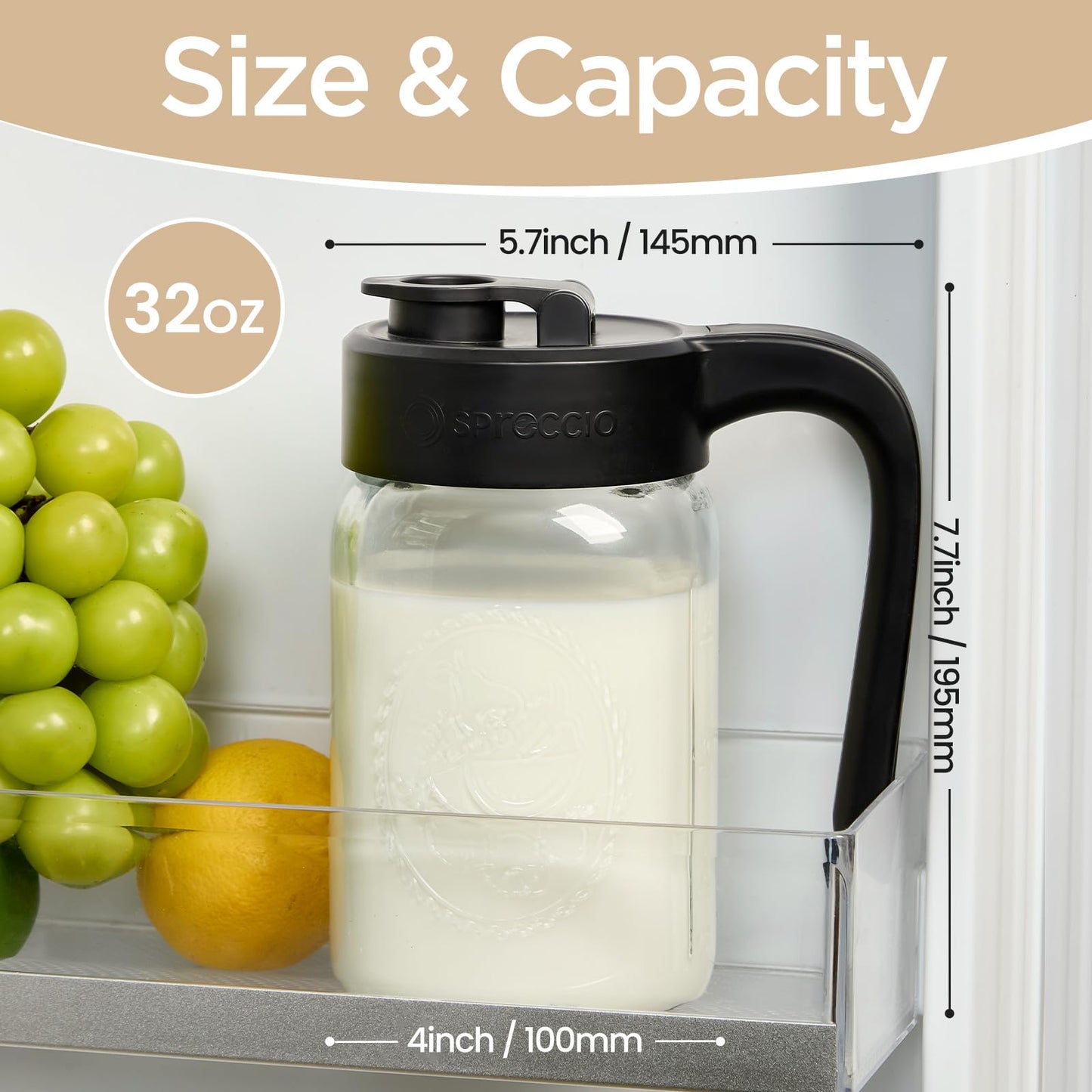Spreccio 32 oz Glass Pitcher with Lid, 1 Quart Mason Jar Pitcher with Lid Airtight, Breast Milk Storage for Fridge, Ideal for Cold Brew Coffee, Iced Tea, Sun Tea, Juices