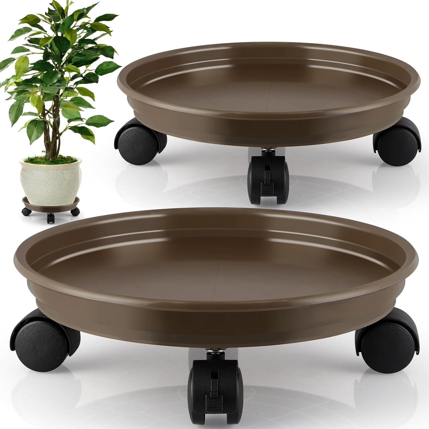 Sanbege 12.8" Pack 2 Resin Plant Caddy with Wheels, Round Plant Pallet, Plant Pot Trolley, of (Brown)