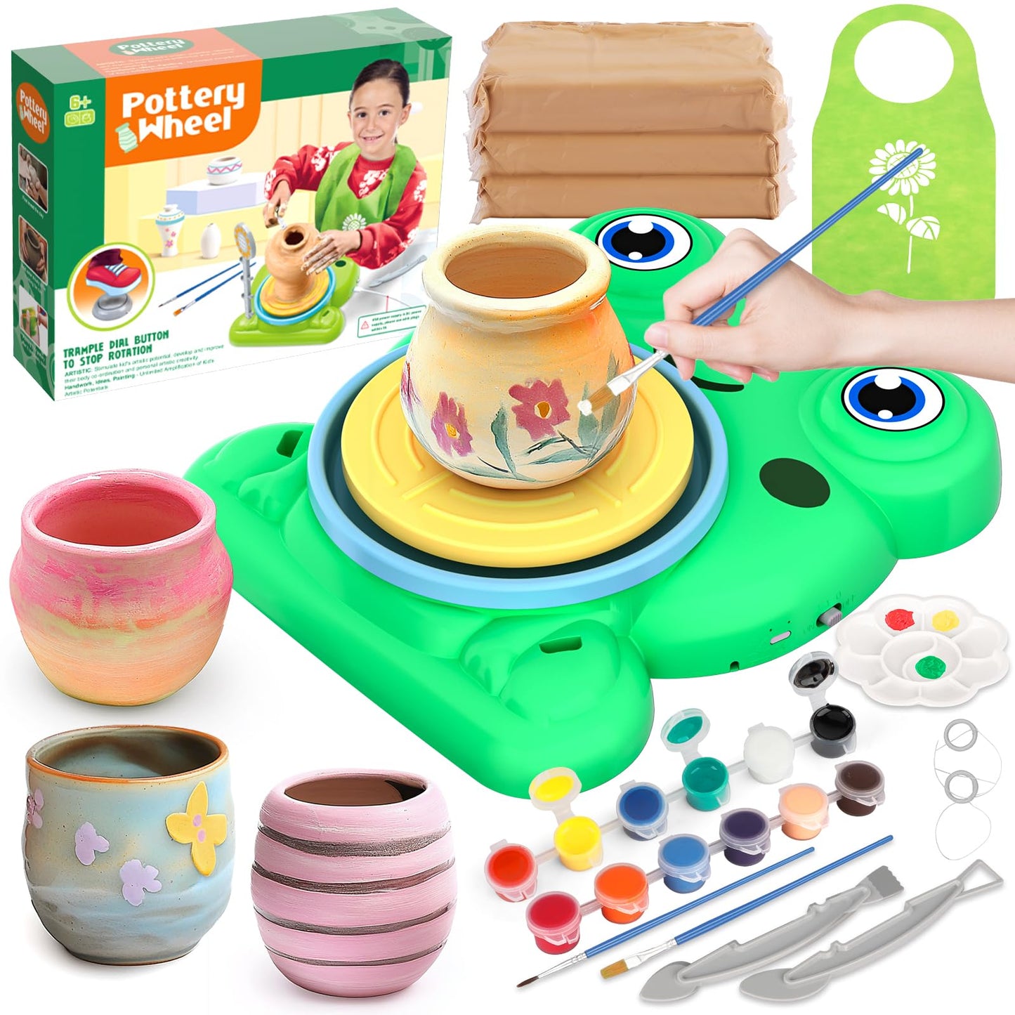 Aujazyble Pottery Wheel for Kids - Complete Pottery Painting Kit Arts and Crafts for Kids Ages 8-12 with 3 Pack Air Dry Clay Art Supplies Toys for Girls Boy Birthday Gift for 6 7 8 9 10 11 12+
