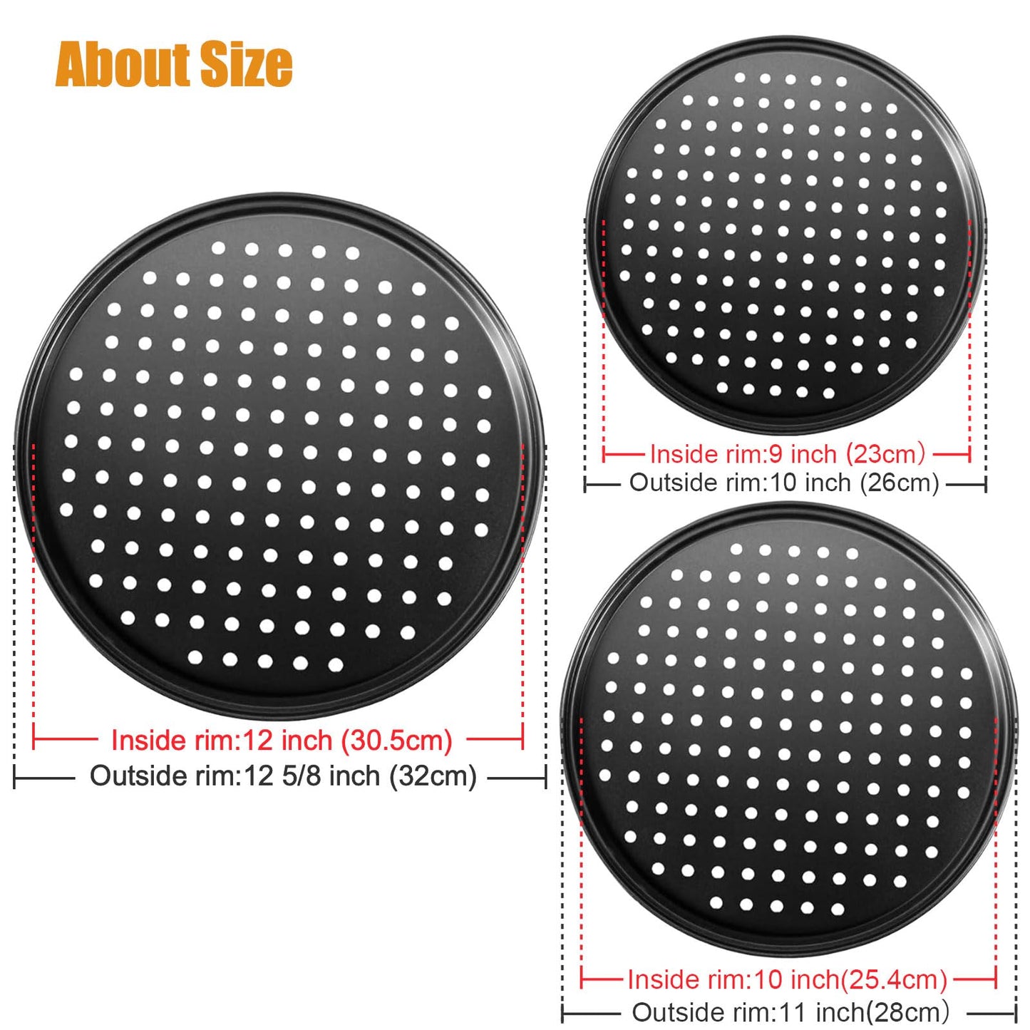Handook Pizza Pan Set, Carbon Steel Pizza Pan with Holes, for Oven Baking Supplies & Home, Kitchen, Restaurant（9 Inch &10 Inch &12 Inch）