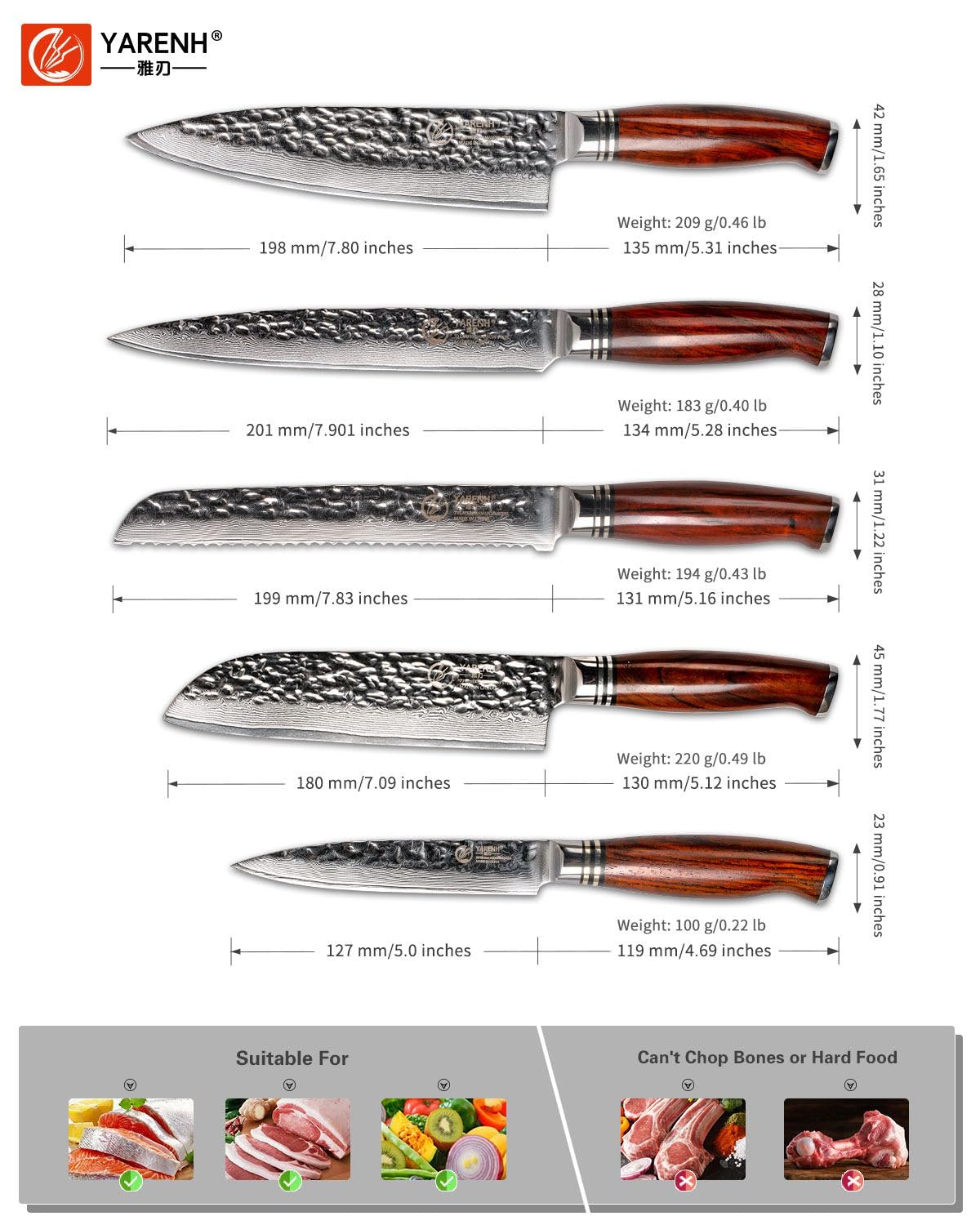 YARENH Chef Knife Set without Block, 5 Piece Professional Sharp Kitchen Knives,Damascus Stainless Steel, 73 Layers, Full Tang, Dalbergia Wood Handle, HTT Series