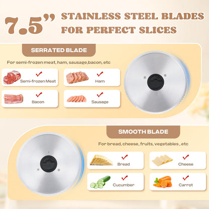 Moongiantgo Electric Meat Slicer 200W With 2 Removable 7.5’’ Stainless Steel Blades, 0-15MM Adjustable Thickness for Home Use, Child Lock Protection, Meat Cheese Bread Deli Food Slicer Machine, 110V