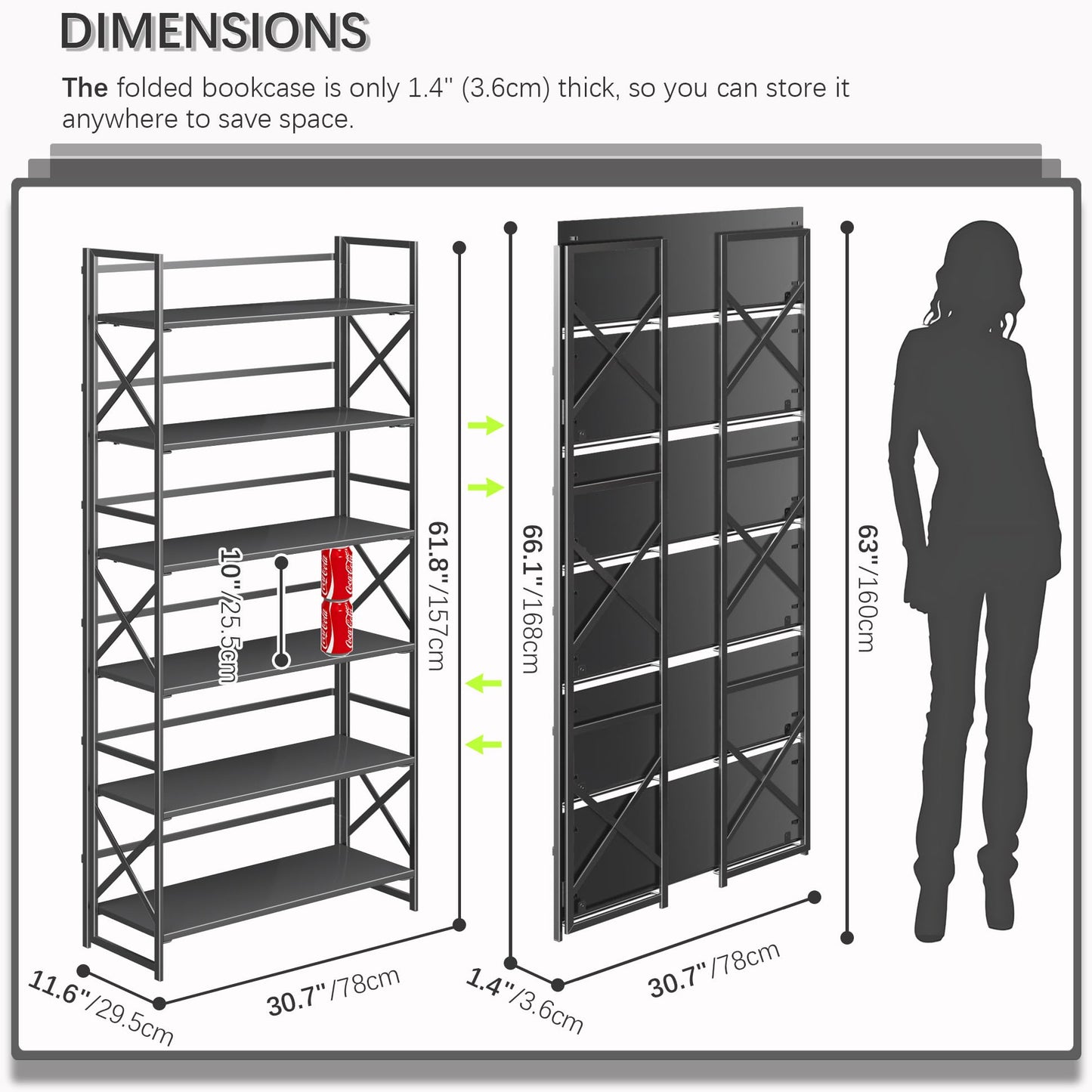 4NM Extra Wide 6 Tiers No Assembly Book Shelves, 61.8" H Folding Bookshelf Bookcase Open Industrial Foldable Shelves for Bedroom, Living Room, Home Office - All Black