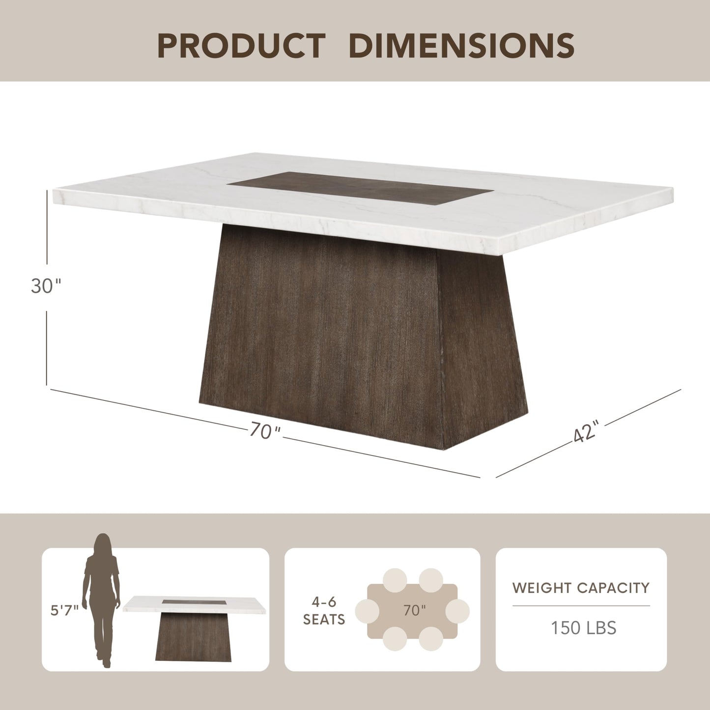 Furniture of America Rafferty Modern Solid Wood 70-inch Rectangle Dining Table with Genuine White Marble Tabletop and Tapered Pedestal Base, Seats up to 6, for Home Kitchen, Living Room, Dark Walnut