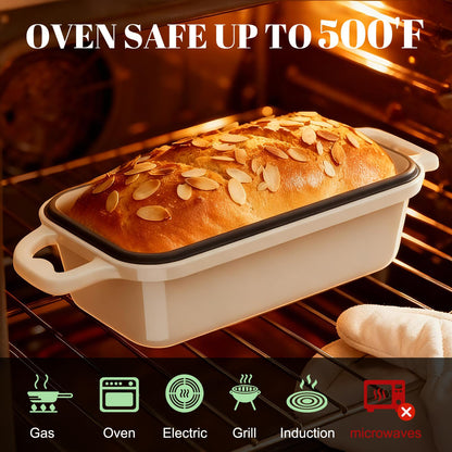 DYCYRQ Enameled Cast Iron Sourdough Bread Dutch Oven, Cast Iron Loaf Bread Pan for Homemade Bread Baking, 2PCS 8.5 x 4.5 Inch Meatloaf Pan with Lid, Oven Safe, Cream