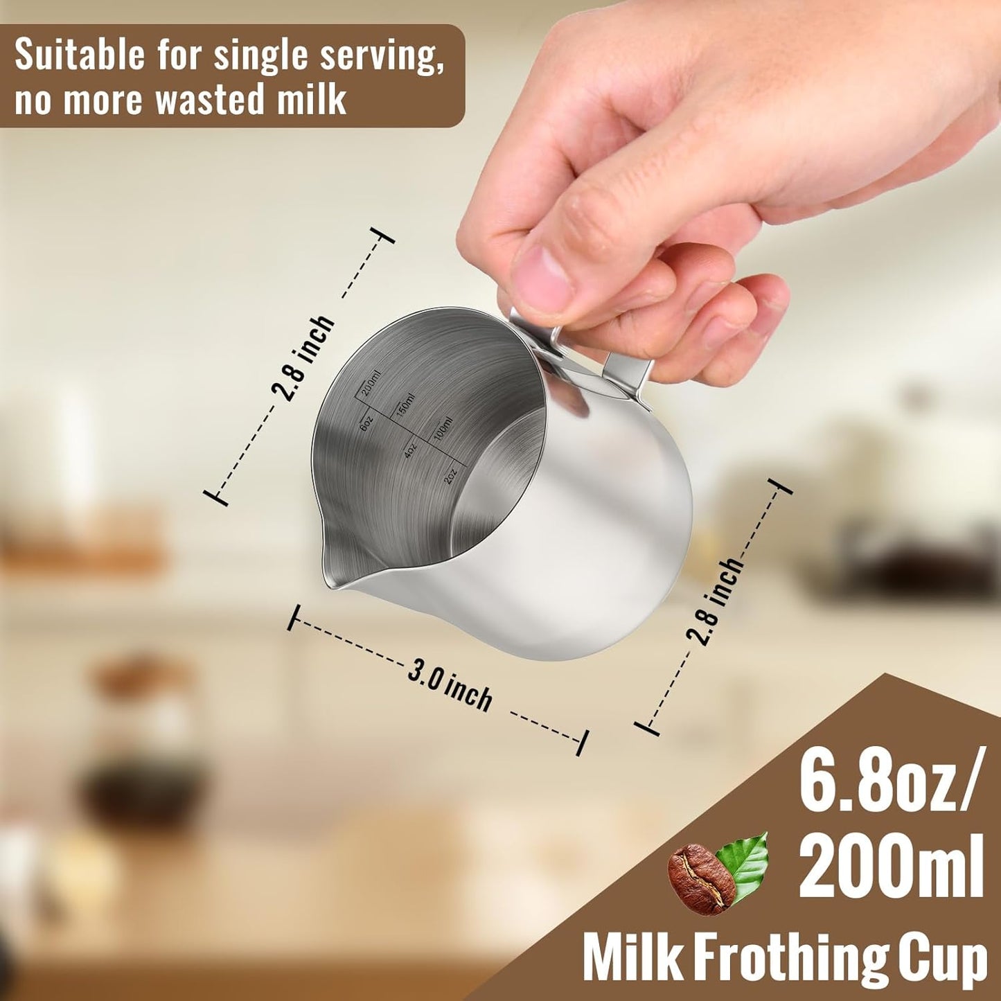 HULISEN 6.8oz/200ml Stainless Steel Milk Frothing Pitcher - Small Steaming Cup for Espresso Machine, Latte Art Pour