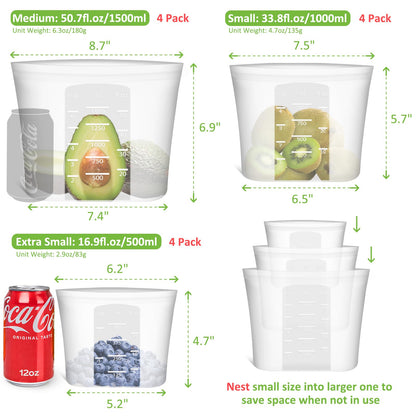 Reusable Storage Bag, 12 Pack 100% Silicone Food Storage Bags Stand Up Silicone Zip Lock Bags for Food Container, Freezer Microwave Oven Dishwasher Safe, 4 Medium 4 Small 4 Extra Small, Translucent