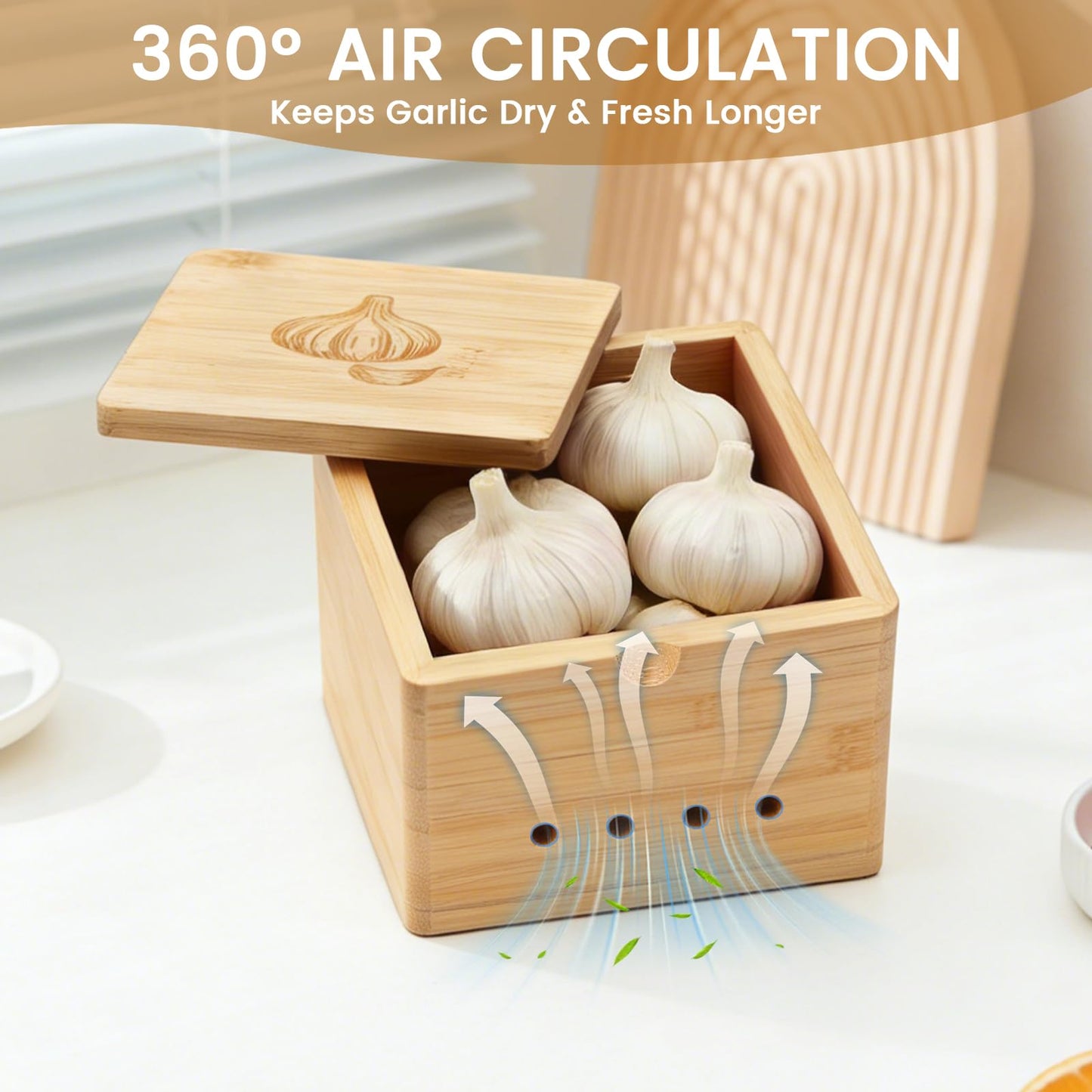 OYPGUE Bamboo Garlic Keeper for Counter, Large Garlic Holder Storage with Lid 4.72 x 4.72 x 4.72inch Rustic Garlic Jar Container to Keep Your Garlic Cloves Fresh Longer (Bamboo)
