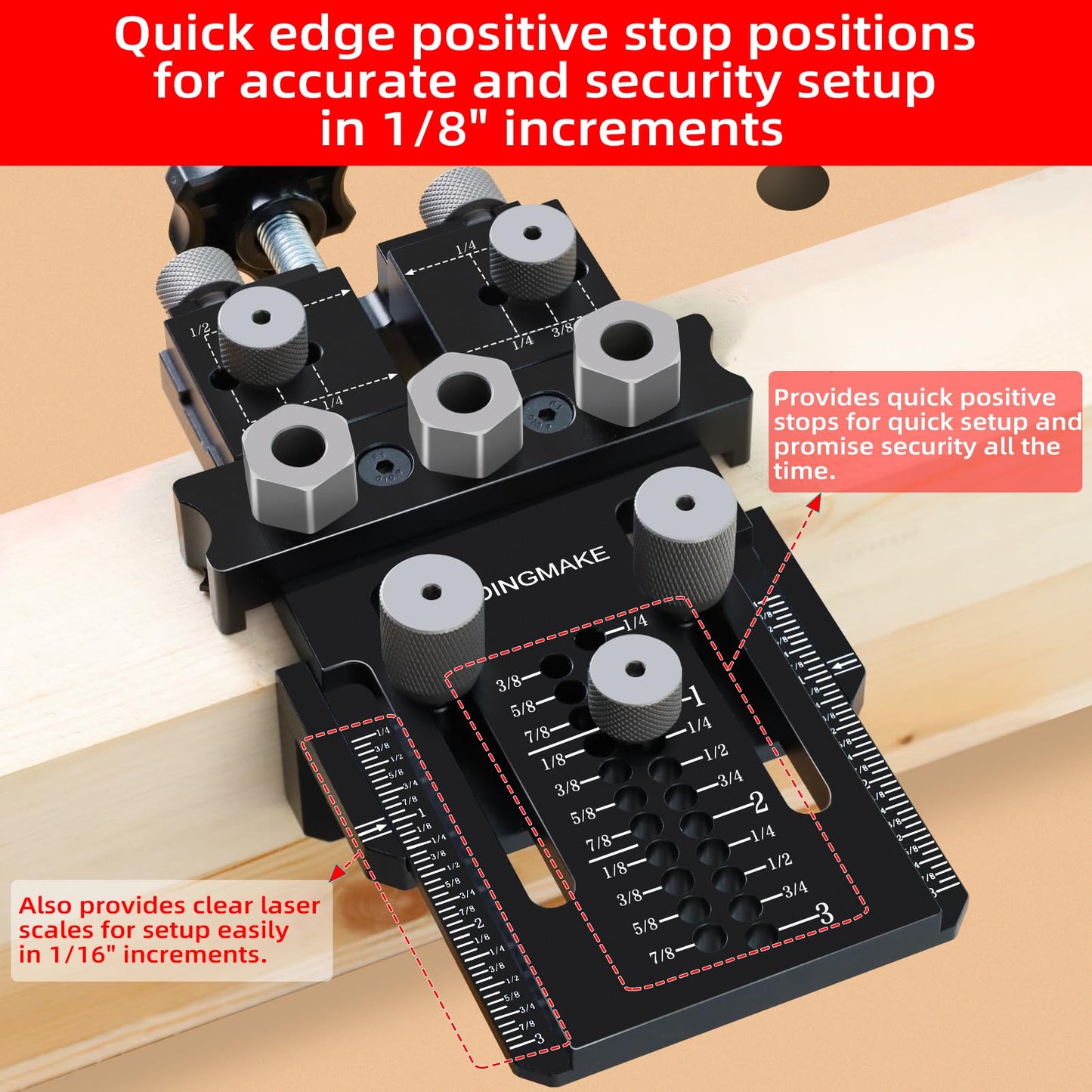 GOINGMAKE Dowel Jig Kit with Quick Positive Stop and Clamp, Adjustable Doweling Jig for Drill 1/4, 3/8 and 1/2 Inch Accurate Straight Dowel Holes, Fit Any Thickness Wood Joints, for Cabinet, Furniture