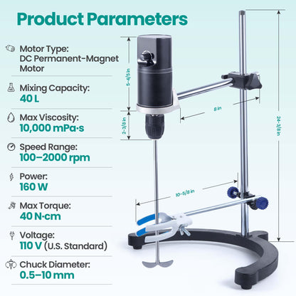 Deccasa Lab Overhead Stirrer - 40L Capacity Digital Mixer, 100-2000 RPM Variable Speed, High Viscosity 10000mPa·s, Brushless Motor with Support Stand & Dual Stirring Rods
