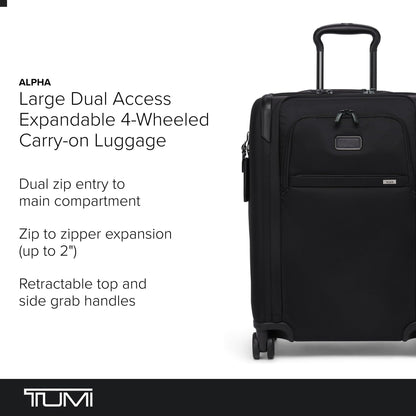 TUMI - Alpha Large Dual Access Expandable 4-Wheeled Carry-On Luggage - Zipper Expansion - Durable and Lightweight Travel Suitcase - TSA Lock Tracer - Black