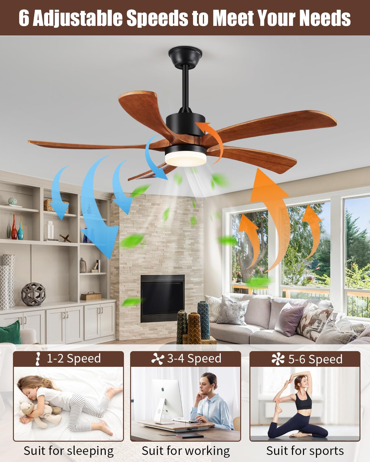 Forrovenco 72 In Ceiling Fans with Lights and Remote, USA Original Patent 72" Large Ceiling Fan, 3 Downrods, 5 Solid Wood Blades, 6 Speeds Quiet DC Motor Modern Outdoor Indoor Fan, 72in Yellow Walnut
