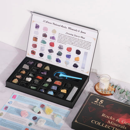 HEMYLU Rock Collection for Kids, 25PCS Crystal Gem Mineral Collection Set Box Gift for Boys and Girls, Natural Gemstone with Learning Guide Education Set