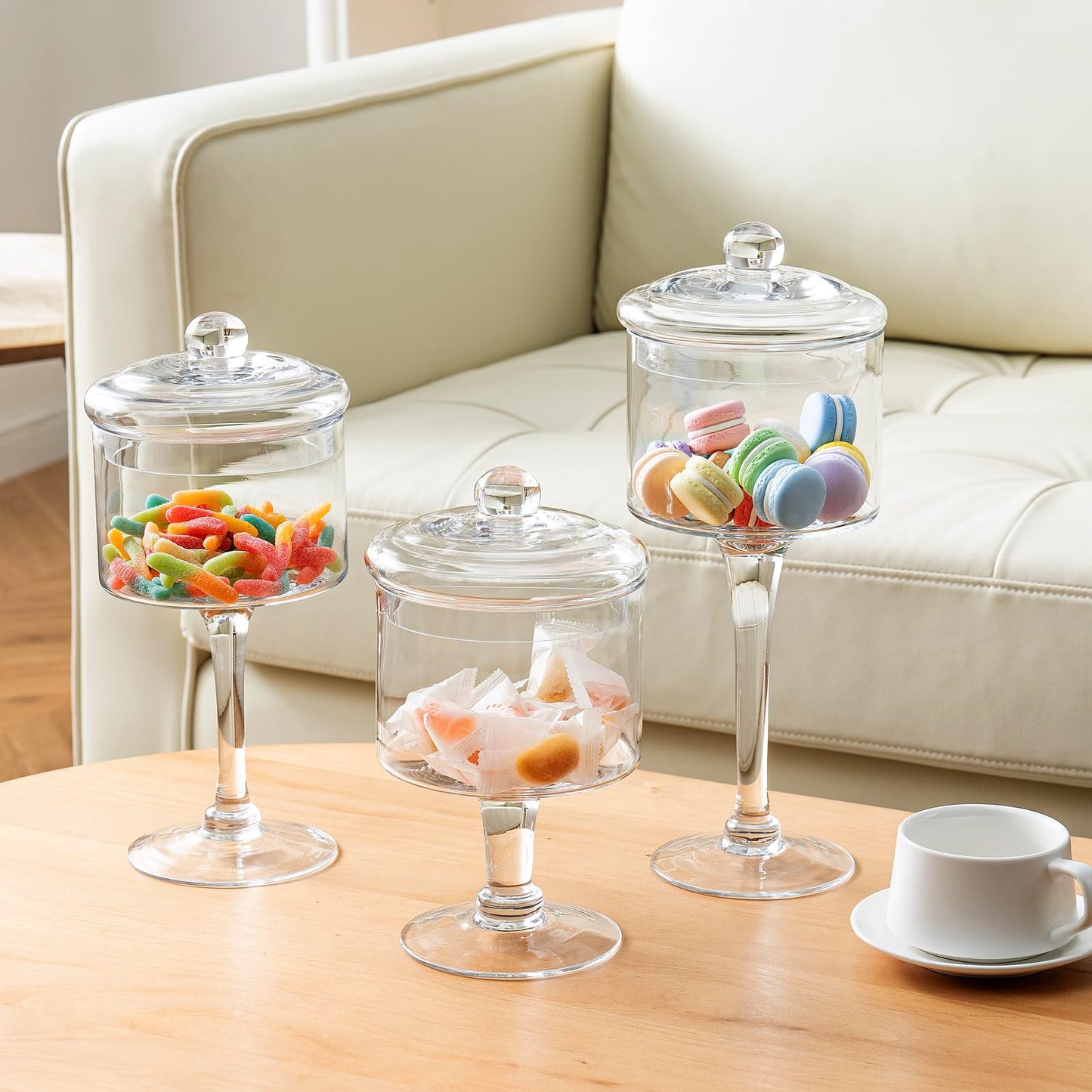 MyGift 3-Piece Clear Glass Apothecary Candy Jar Set with Lids – Decorative Party Display Containers for Wedding Centerpieces, Dessert Tables, Kitchen Counter Storage, and Bathroom Décor