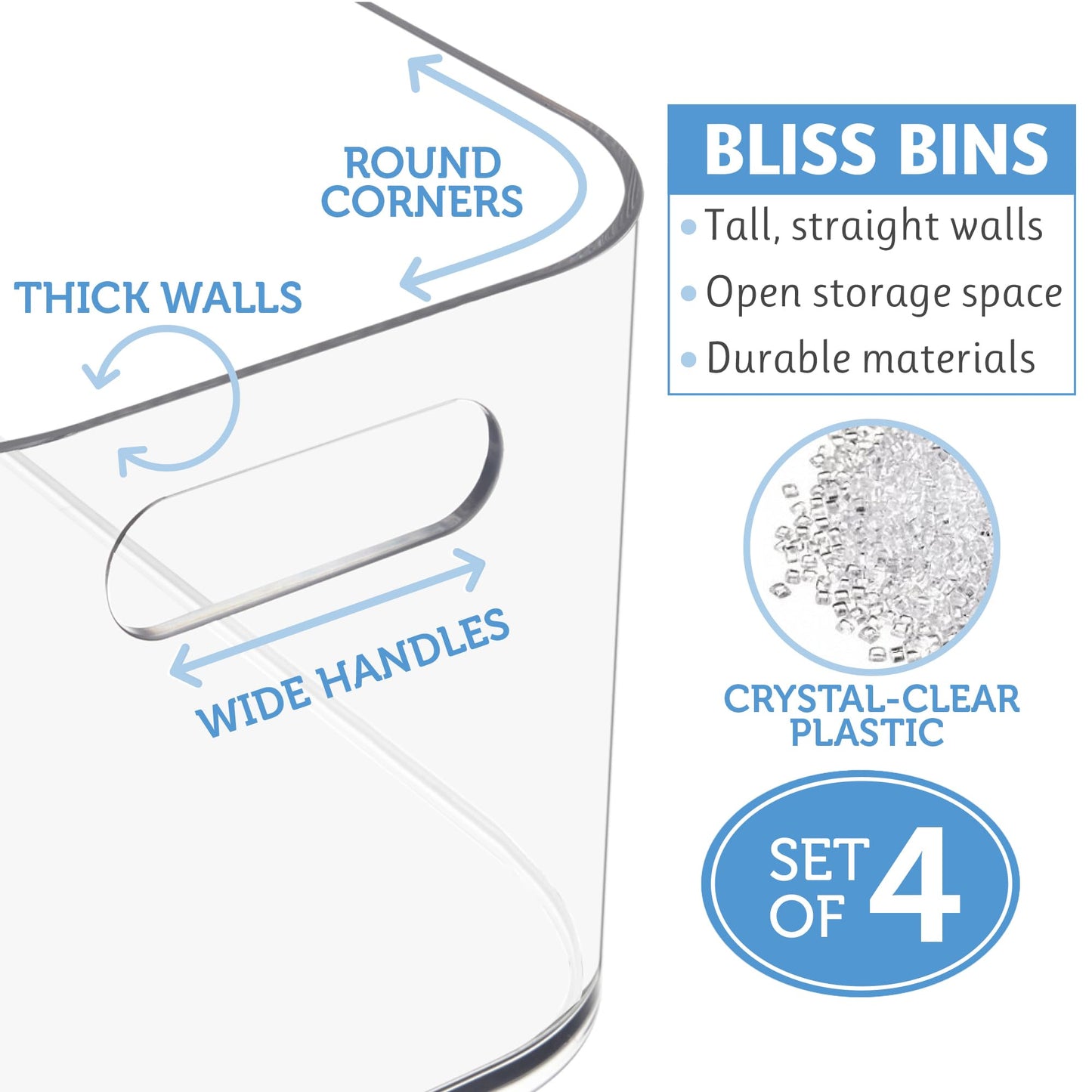 STORi Bliss 10" x 6" Open Clear Pantry Organizer Bin, Set of 4, Plastic Containers with Handle for Kitchen, Fridge, Cabinet, Closet, Bathroom, Undersink Storage Made in USA
