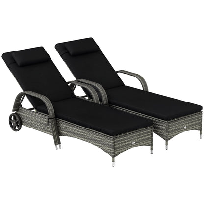 Outsunny Wicker Outdoor Chaise Lounge Set of 2, 5-Level Adjustable Backrest PE Rattan Pool Lounge Chair with Wheels, Cushion & Headrest, Mixed Gray and Charcoal Black