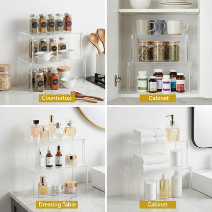 HANLANXUE 4 Pack Clear Kitchen Cabinet Organizer, Stackable Acrylic Tiered Spice Organization Display Shelf for Cabinet Shelf Desk Countertop Organizer