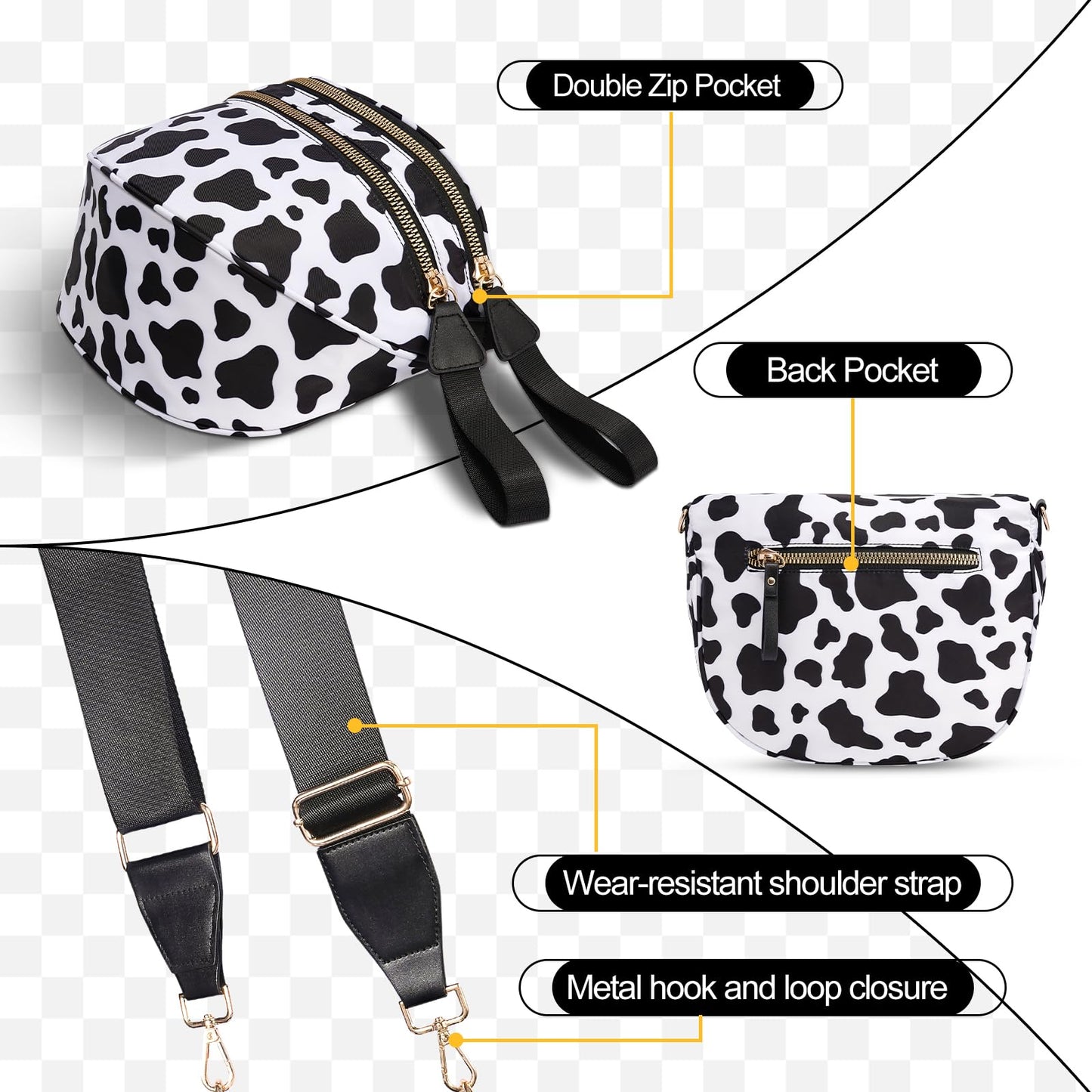 Checkered Crossbody Bag,Nylon Bum Bags for Women Crossbody,Spacious Sling Bag Purse Fanny Packs with Shoulder Strap