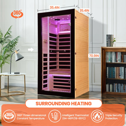 OUTEXER One Person Sauna Far Infrared Saunas Room Canadian Hemlock 1450W Dry Saunas Spa with 7 Starry Sky Light 35.4 * 35.4 * 70.8inch