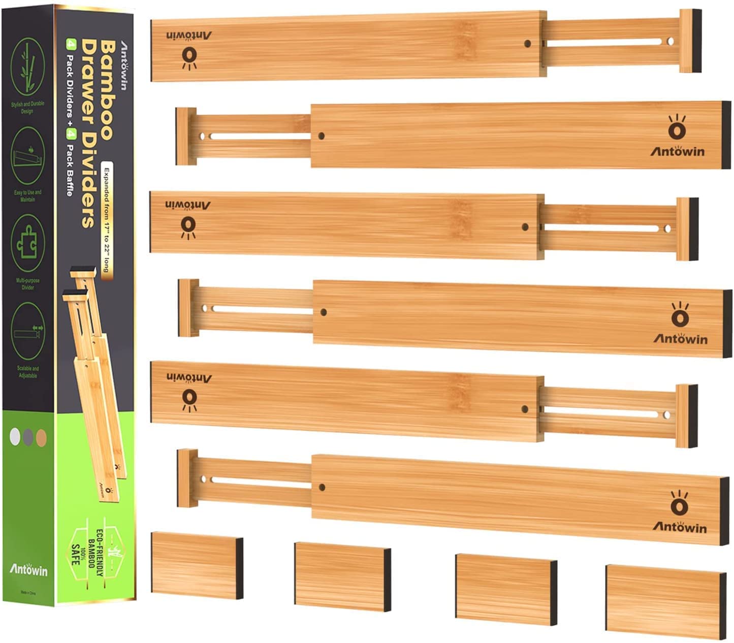 ANTOWIN Bamboo Drawer Dividers, Expandable Drawer Separators Splitter, 17-22 inches Adjustable Spring-loaded Organizer for Large Utensil, Clothes, Tools Drawers, 6 Pack Dividers + 4 Pack Baffle