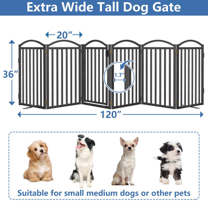 Malier Metal Freestanding Dog Gates with Door, 36'' Height Outdoor Indoor Dog Fences, Extra Wide Foldable Puppy Gate for Stairs (Black, 【6 Panels with Door】 120''W × 36''H)