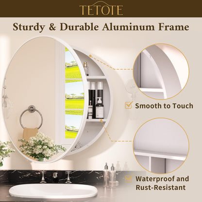 TETOTE Bathroom Mirror Cabinet 30 x 30 White Round Bathroom Medicine Cabinet with Mirror Adjustable Shelves Farmhouse Wall Mirror with Storage Surface Mounted