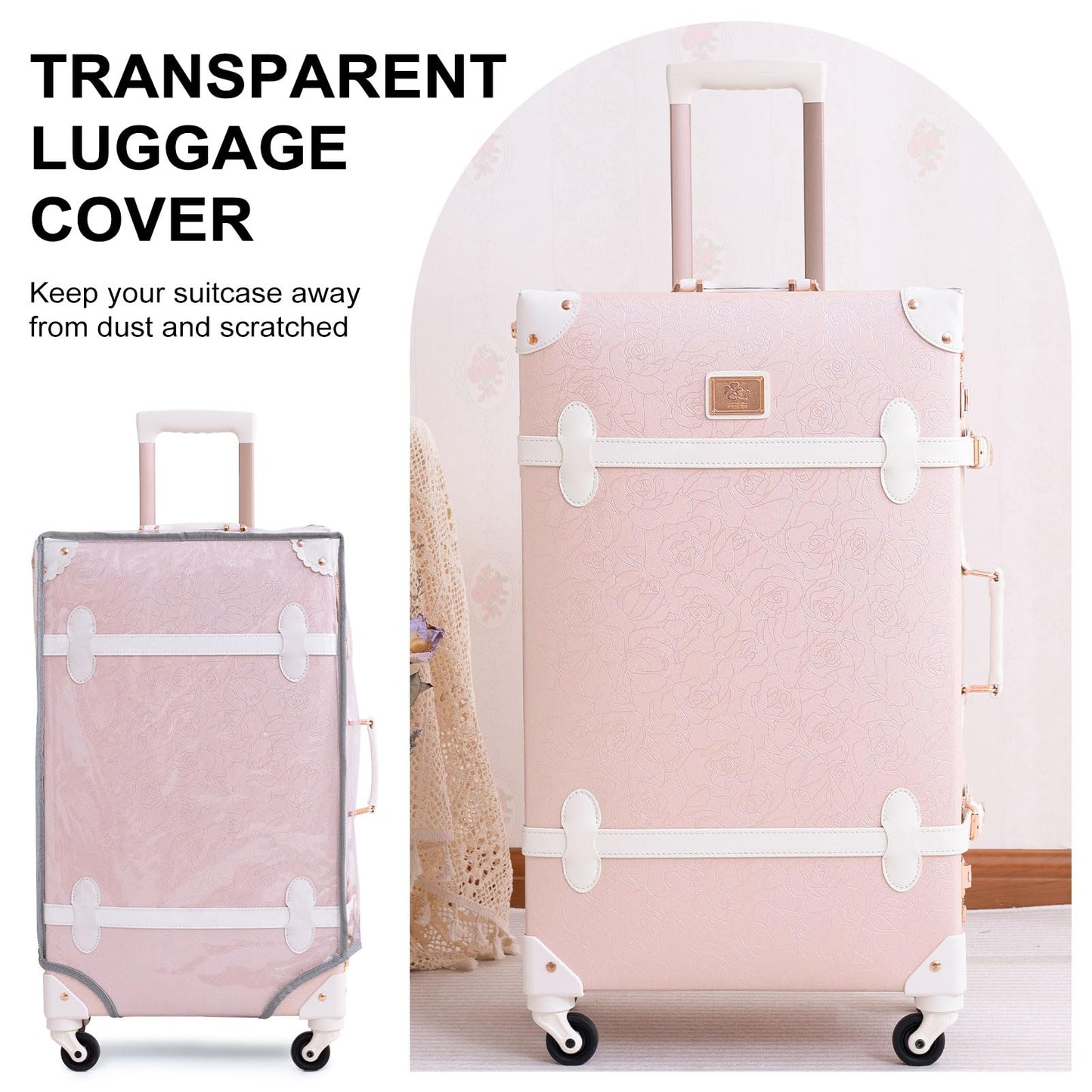 urecity Vintage Luggage Sets of 3 Piece - Hardside Lightweight Spinner Suitcases - Retro Travel Set includes Under Seat Train Case, 26"+20"+12" (Elegant Pink)