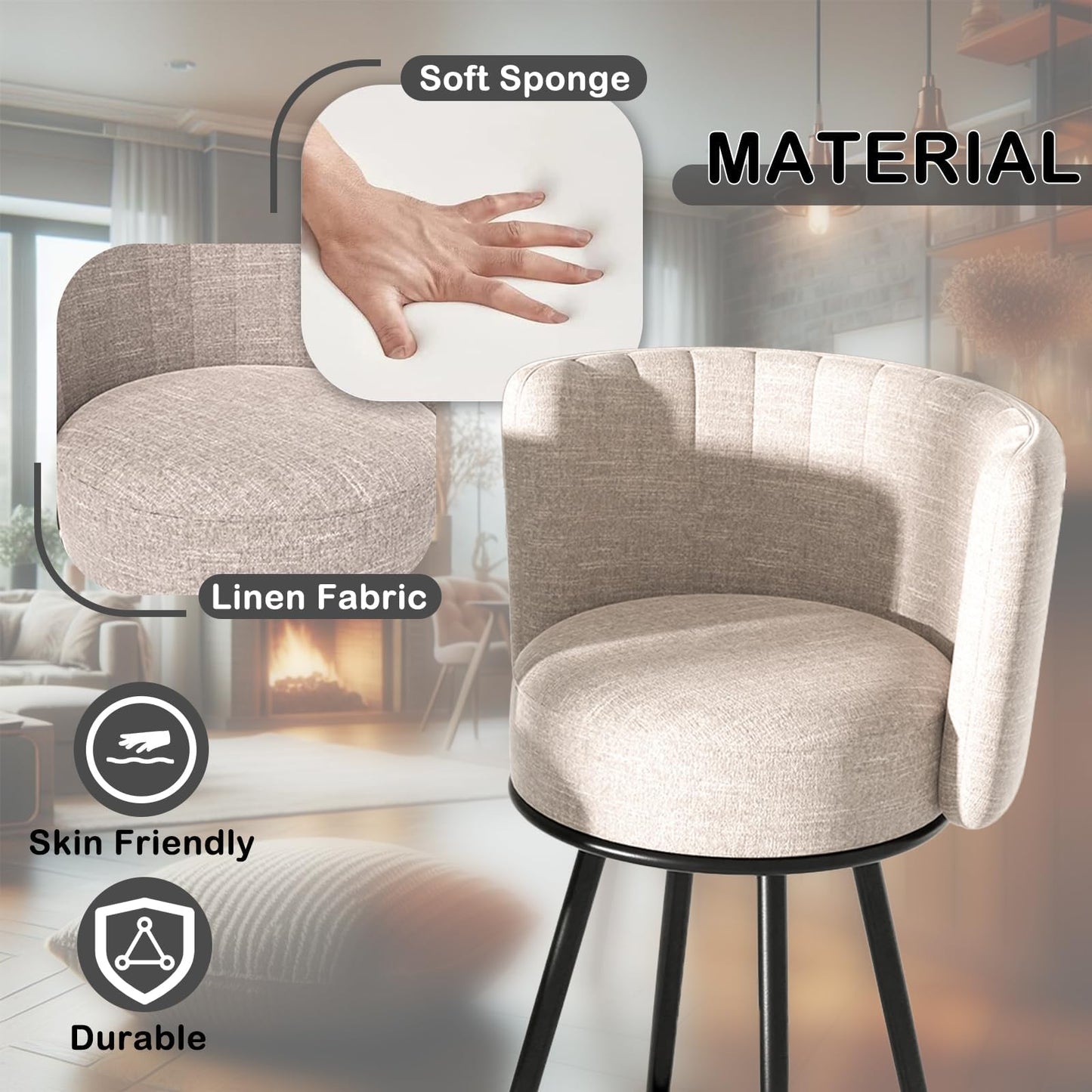 HONIFUR Bar Stools Set of 4, 27" Tufted Modern Counter Height Bar Stools, Upholstered Barstools with Back & Footrest Metal Legs, Stools for Kitchen Island, Counter, Cafes, Dining Room (Beige)
