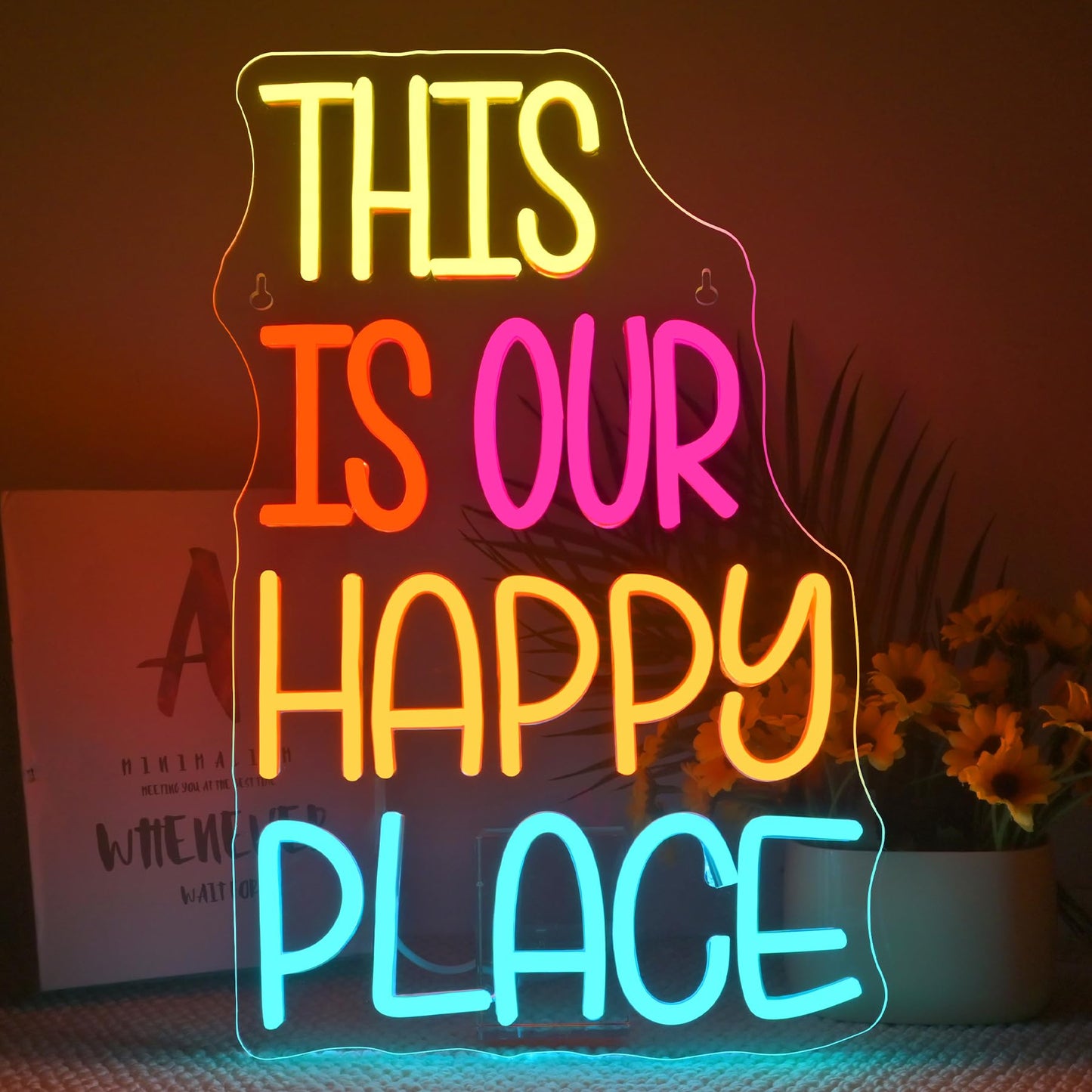 NOSUN This is Our Happy Place Neon Sign Happy Place Neon Signs for Wall Decor Dimmable Warm White LED Signs for Bedroom Classroom Man Cave Home Bar Birthday Party Game Zone Decor Neon Classroom Sign