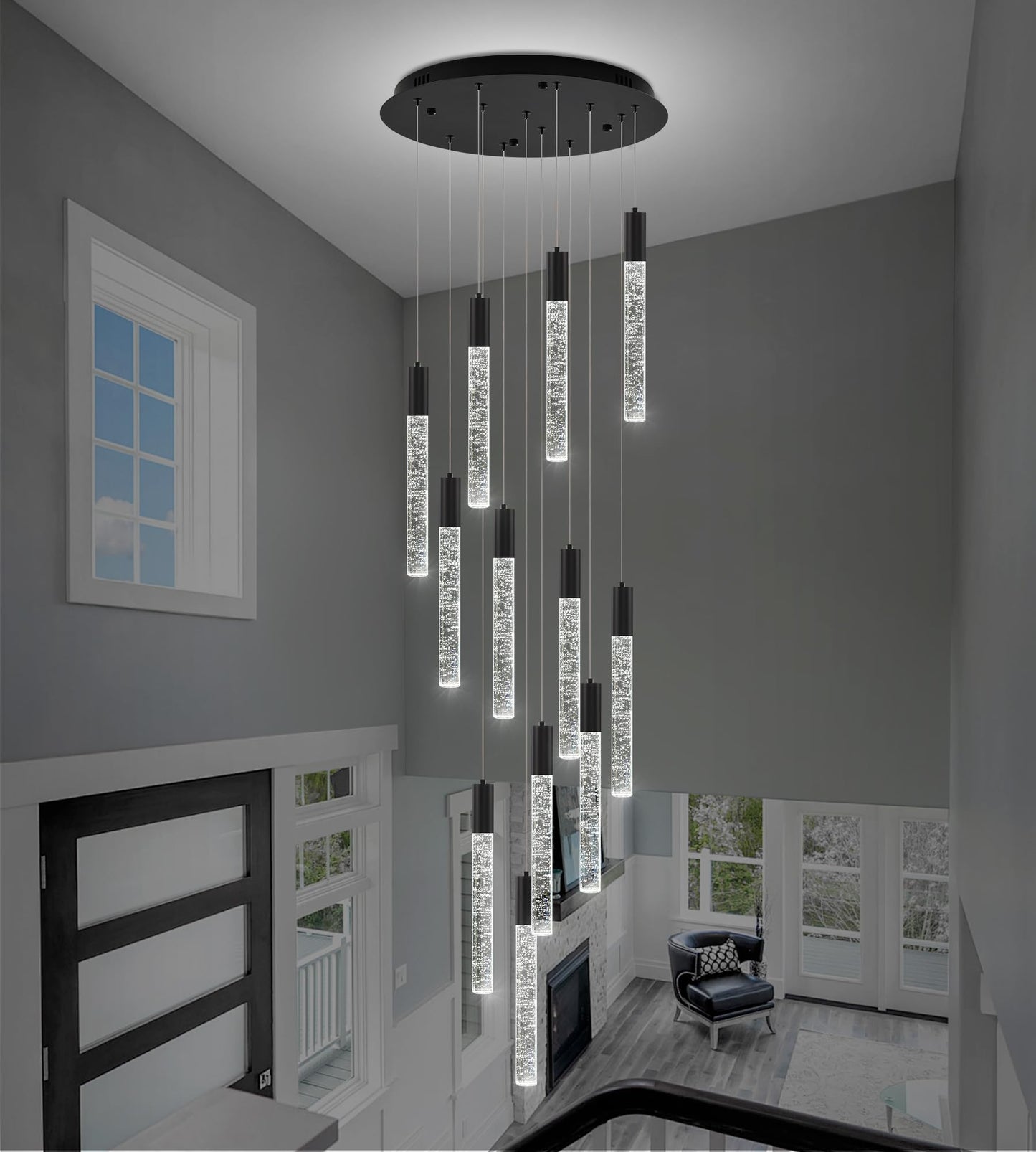 Upfelw Modern High Ceiling Crystal Chandelier 12-Lights, Large Spiral LED Raindrop Foyer Pendant Lighting, Bubble Staircase Living Room Hanging Light Fixture Flush Mount Black