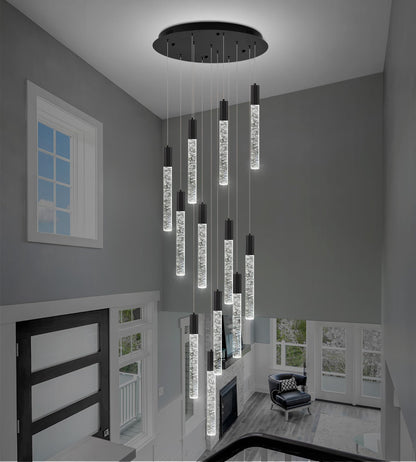Upfelw Modern High Ceiling Crystal Chandelier 12-Lights, Large Spiral LED Raindrop Foyer Pendant Lighting, Bubble Staircase Living Room Hanging Light Fixture Flush Mount Black